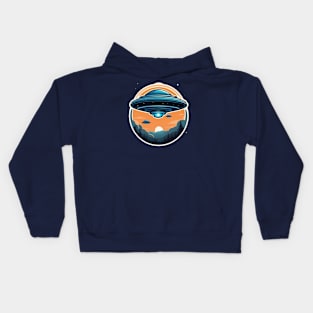 Blue flying saucer on sunset landscape with trees Kids Hoodie